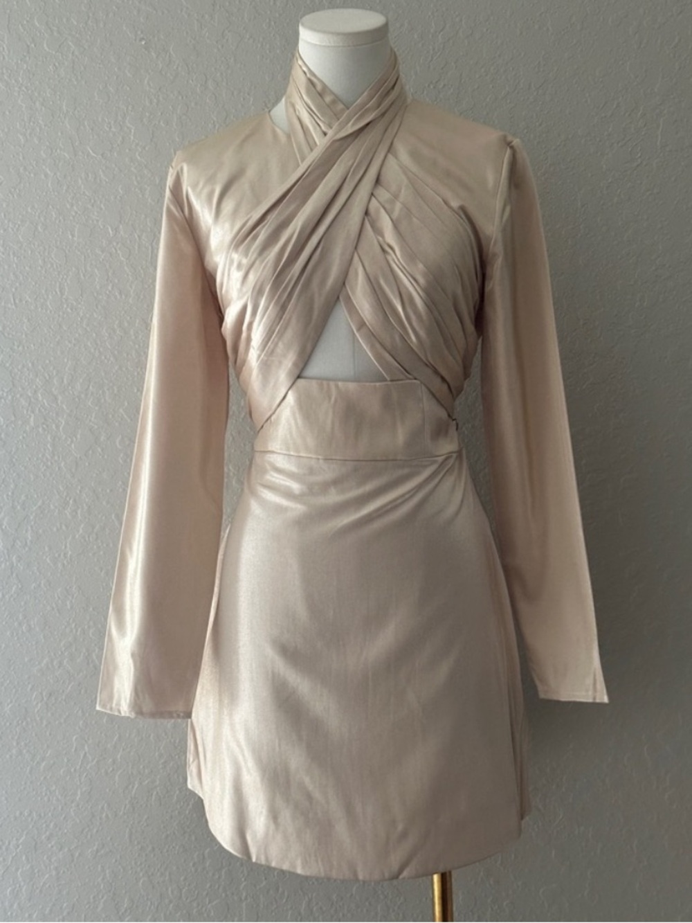 KEEPSAKE the Label Champagne Satin Long Sleeve Wrap Mini Dress